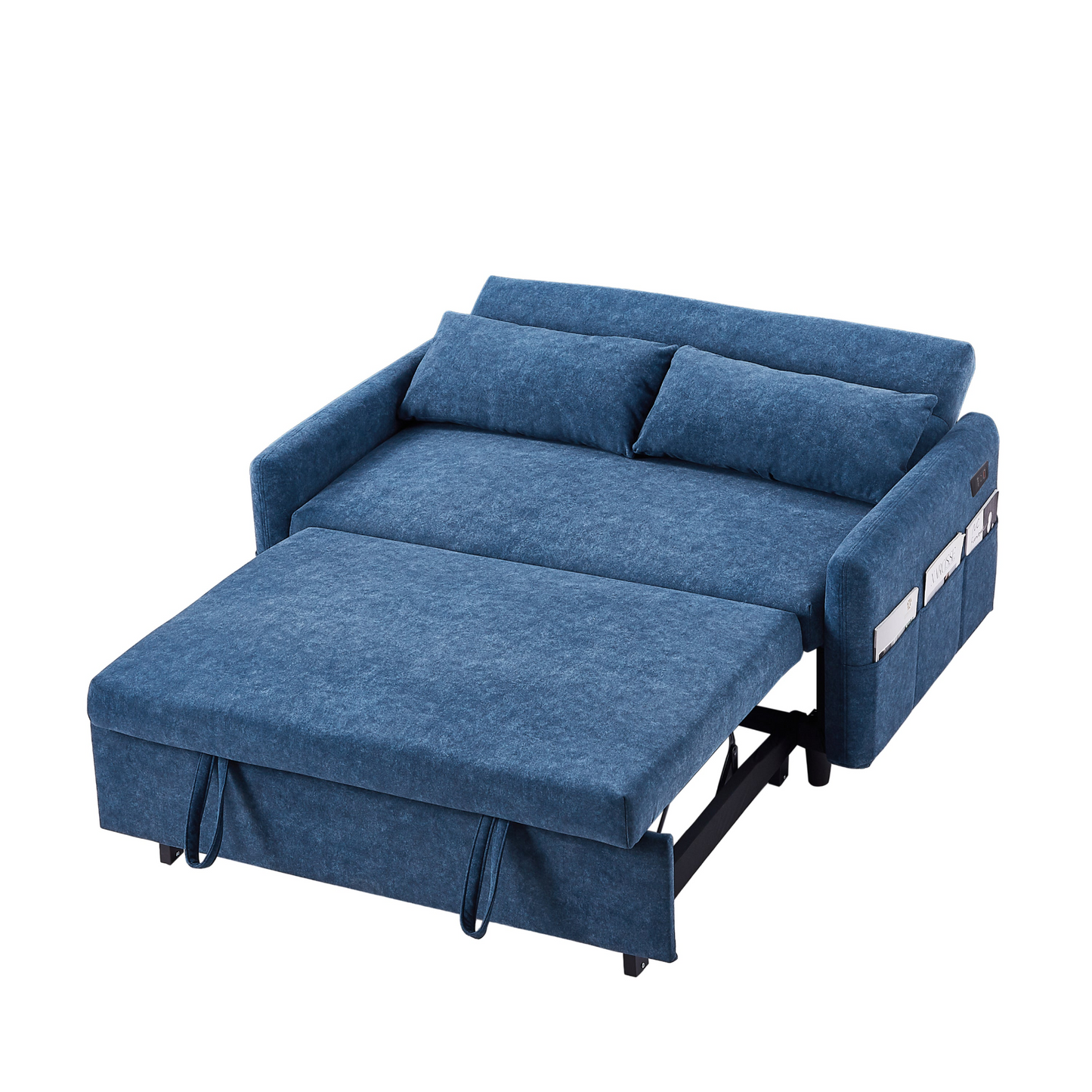 55.1" Pull Out Sleep Sofa Bed Loveseats Sofa Couch with Adjsutable Backrest, Storage Pockets, 2 Soft Pillows, USB Ports for Living Room, Bedroom, Apartment, Office, Blue