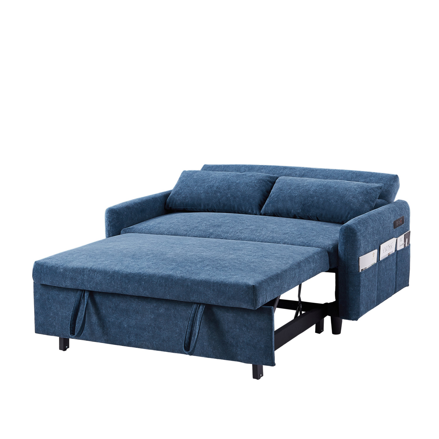 55.1" Pull Out Sleep Sofa Bed Loveseats Sofa Couch with Adjsutable Backrest, Storage Pockets, 2 Soft Pillows, USB Ports for Living Room, Bedroom, Apartment, Office, Blue