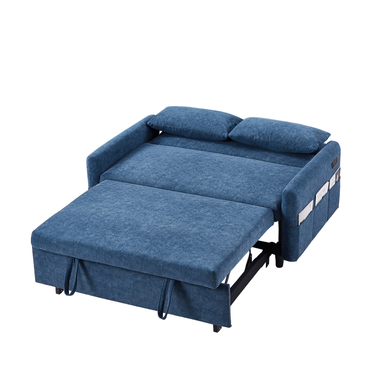 55.1" Pull Out Sleep Sofa Bed Loveseats Sofa Couch with Adjsutable Backrest, Storage Pockets, 2 Soft Pillows, USB Ports for Living Room, Bedroom, Apartment, Office, Blue