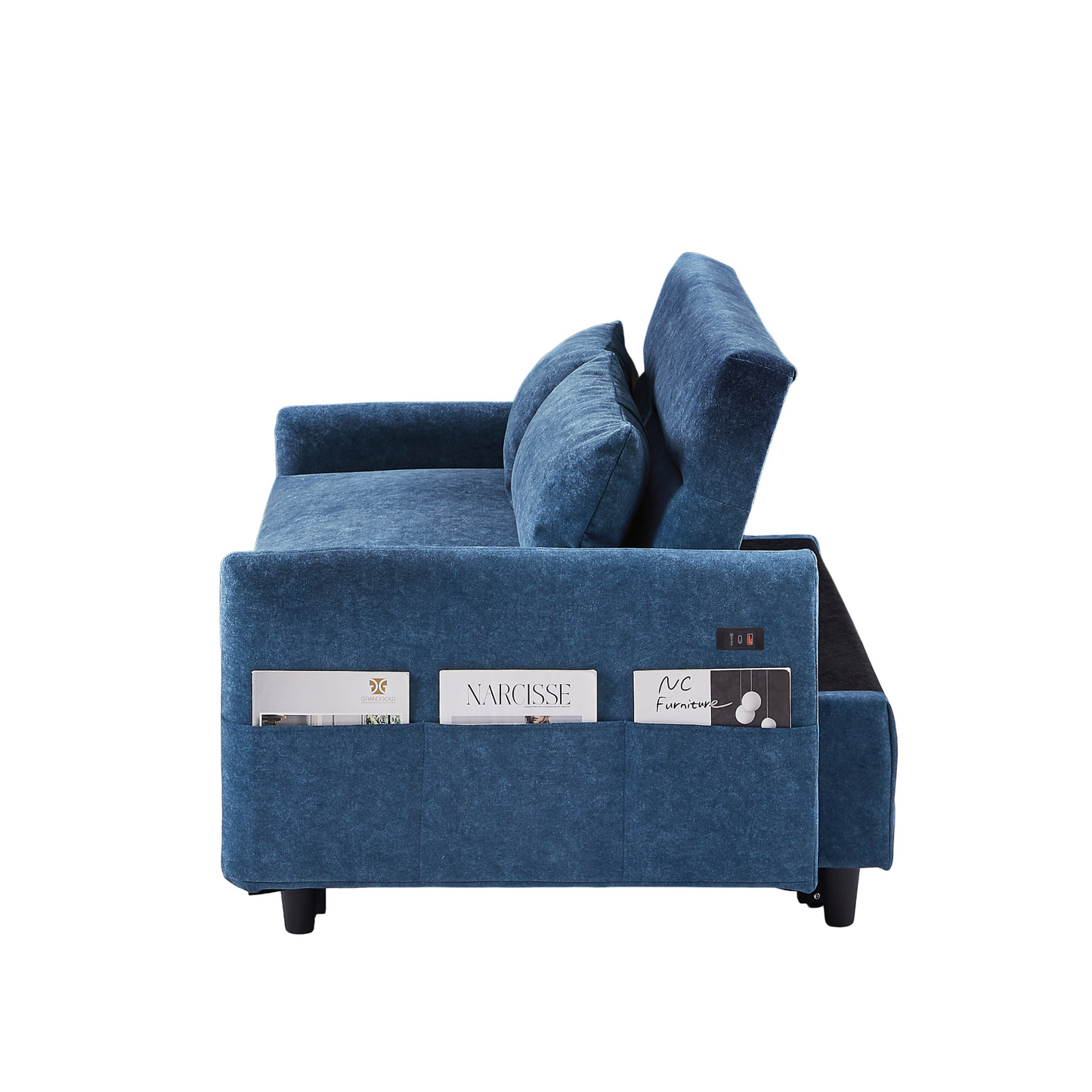 55.1" Pull Out Sleep Sofa Bed Loveseats Sofa Couch with Adjsutable Backrest, Storage Pockets, 2 Soft Pillows, USB Ports for Living Room, Bedroom, Apartment, Office, Blue