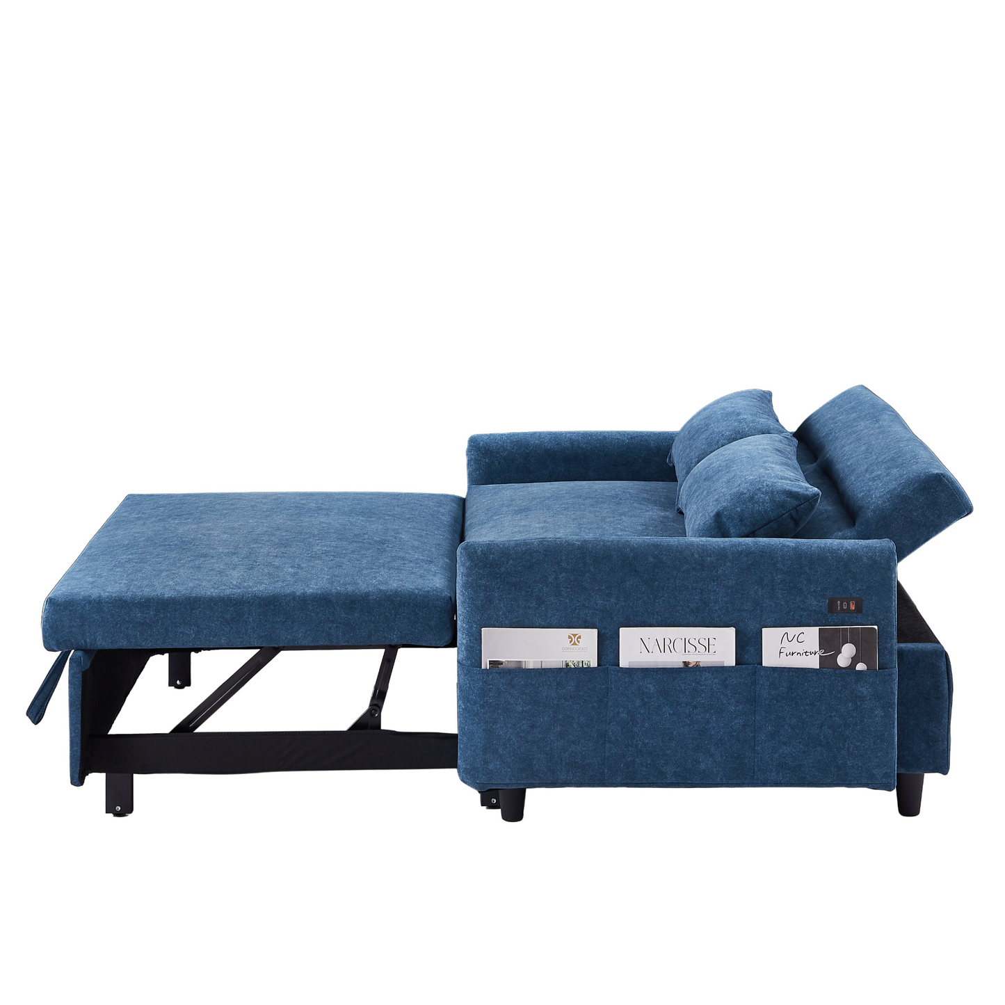 55.1" Pull Out Sleep Sofa Bed Loveseats Sofa Couch with Adjsutable Backrest, Storage Pockets, 2 Soft Pillows, USB Ports for Living Room, Bedroom, Apartment, Office, Blue