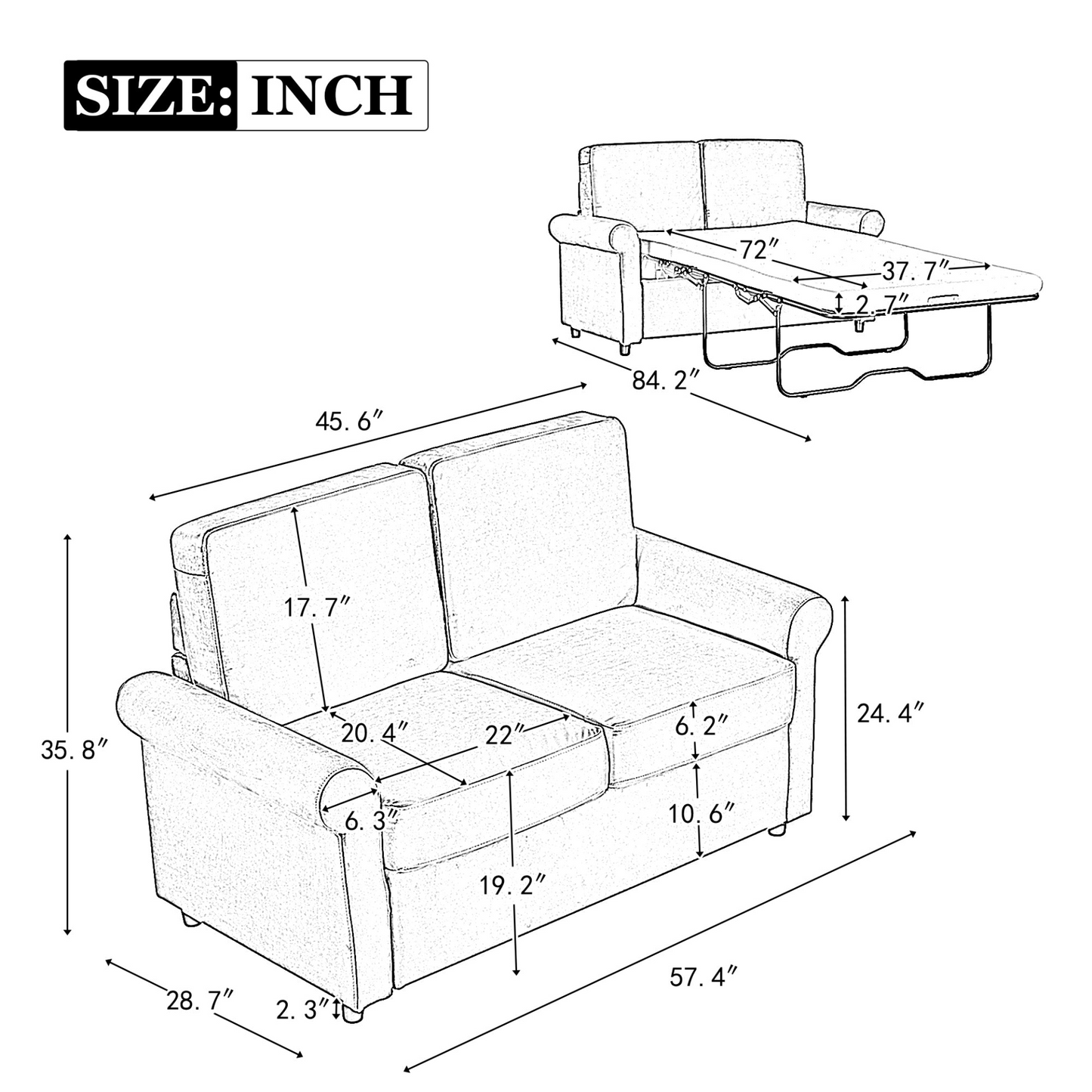 57.4" Pull Out Sofa Bed,Sleeper Sofa Bed with Premium Twin Size Mattress Pad,2-in-1 Pull Out Couch Bed,Loveseat Sleeper for Living Room,Small Apartment, Gray