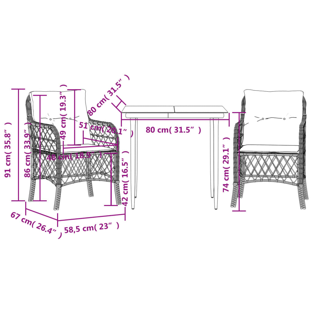 vidaXL 3 Piece Bistro Set with Cushions Gray Poly Rattan