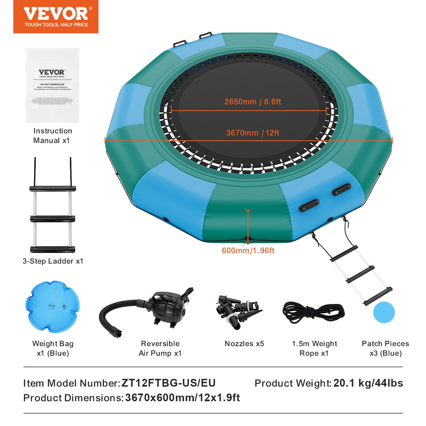 VEVOR Inflatable Water Bouncer, 12ft Recreational Water Trampoline, Portable Bounce Swim Platform with 3-Step Ladder & Electric Air Pump, Kids Adults Floating Rebounder for Pool, Lake, Water Sports