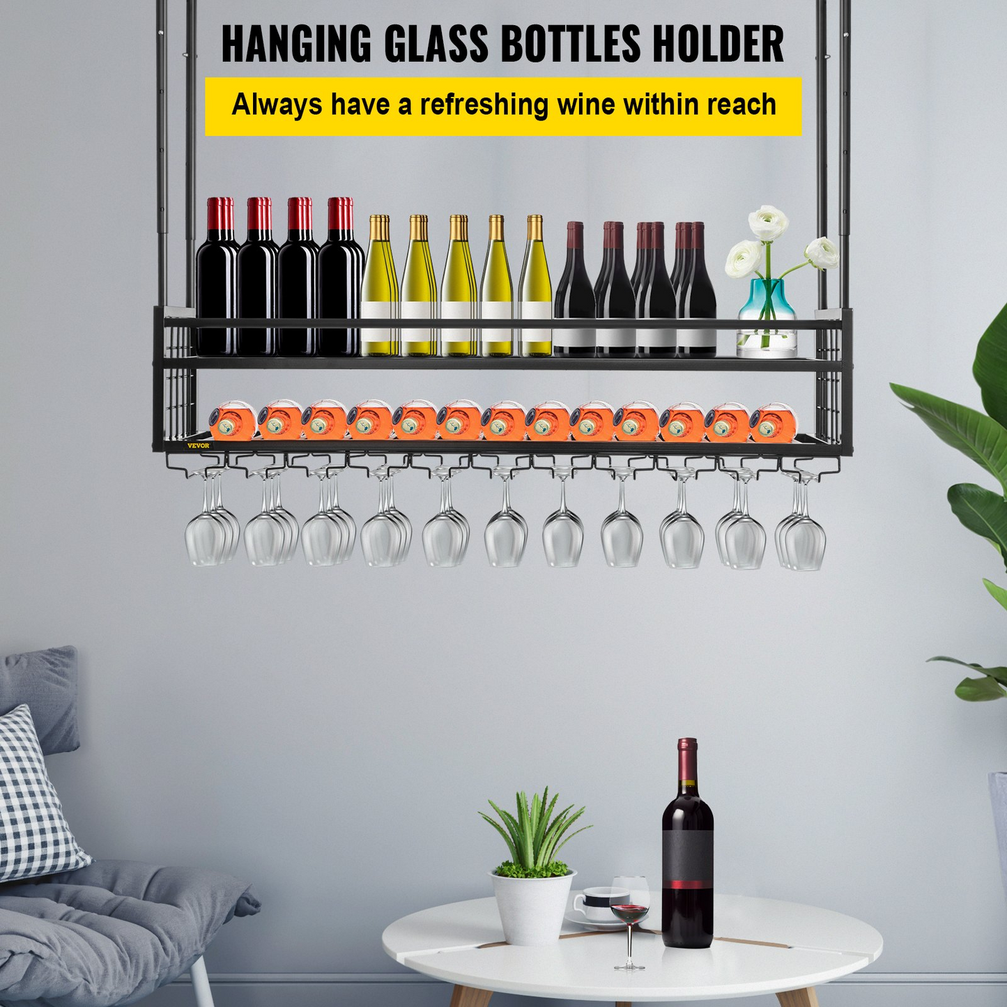 Ceiling Wine Glass Rack, 46.9 x 11.8 inch Hanging Wine Glass Rack, 18.9-35.8 inch Height Adjustable Hanging Wine Rack Cabinet, Black Wall-Mounted Wine Glass Rack Perfect for Bar Cafe Kitchen