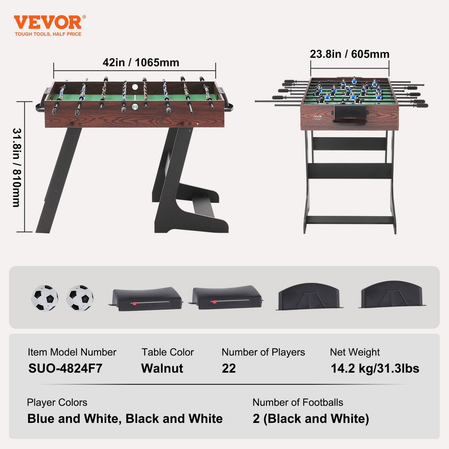 Folding Foosball Table, 42 inch Standard Size Foosball Table, Indoor Full Size Foosball Table for Home, Family, and Game Room, Soccer with Foosball Table Set, Includes 2 Balls