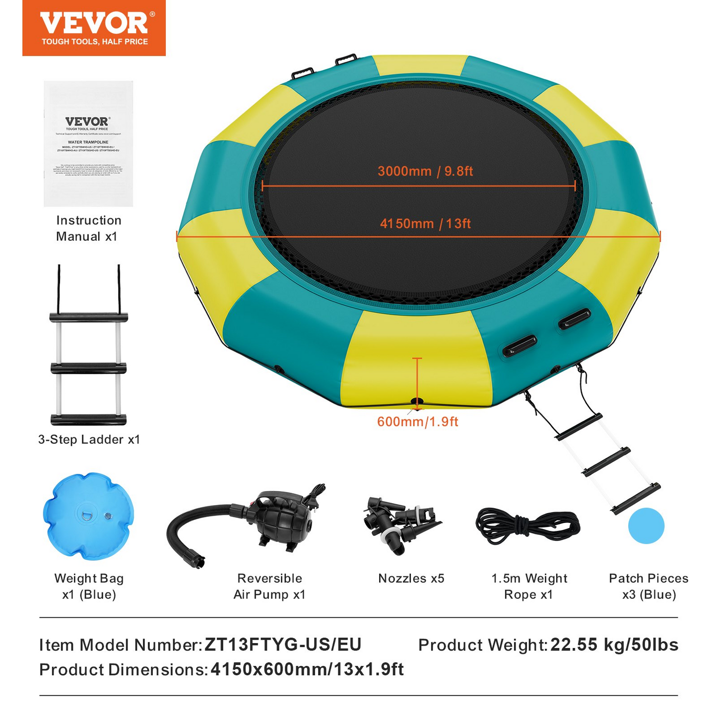 VEVOR Inflatable Water Bouncer, 13ft Recreational Water Trampoline, Portable Bounce Swim Platform with 3-Step Ladder & Electric Air Pump, Kids Adults Floating Rebounder for Pool, Lake, Water Sports