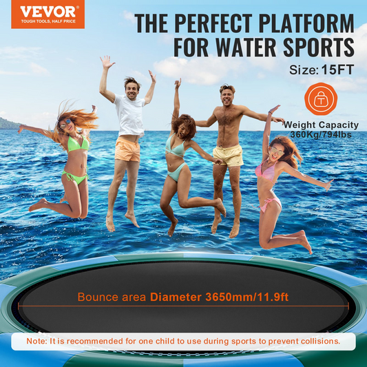 VEVOR Inflatable Water Bouncer, 15ft Recreational Water Trampoline, Portable Bounce Swim Platform with 3-Step Ladder & Electric Air Pump, Kids Adults Floating Rebounder for Pool, Lake, Water Sports