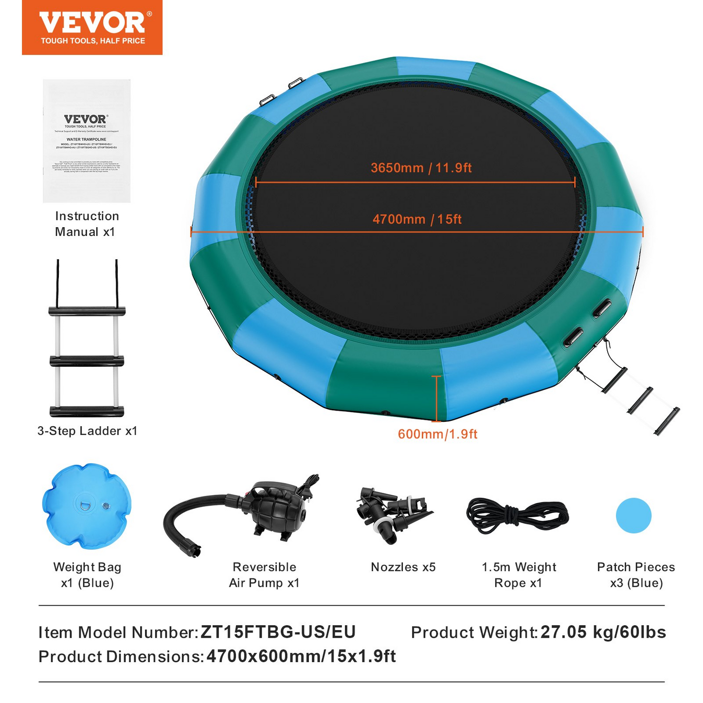 VEVOR Inflatable Water Bouncer, 15ft Recreational Water Trampoline, Portable Bounce Swim Platform with 3-Step Ladder & Electric Air Pump, Kids Adults Floating Rebounder for Pool, Lake, Water Sports