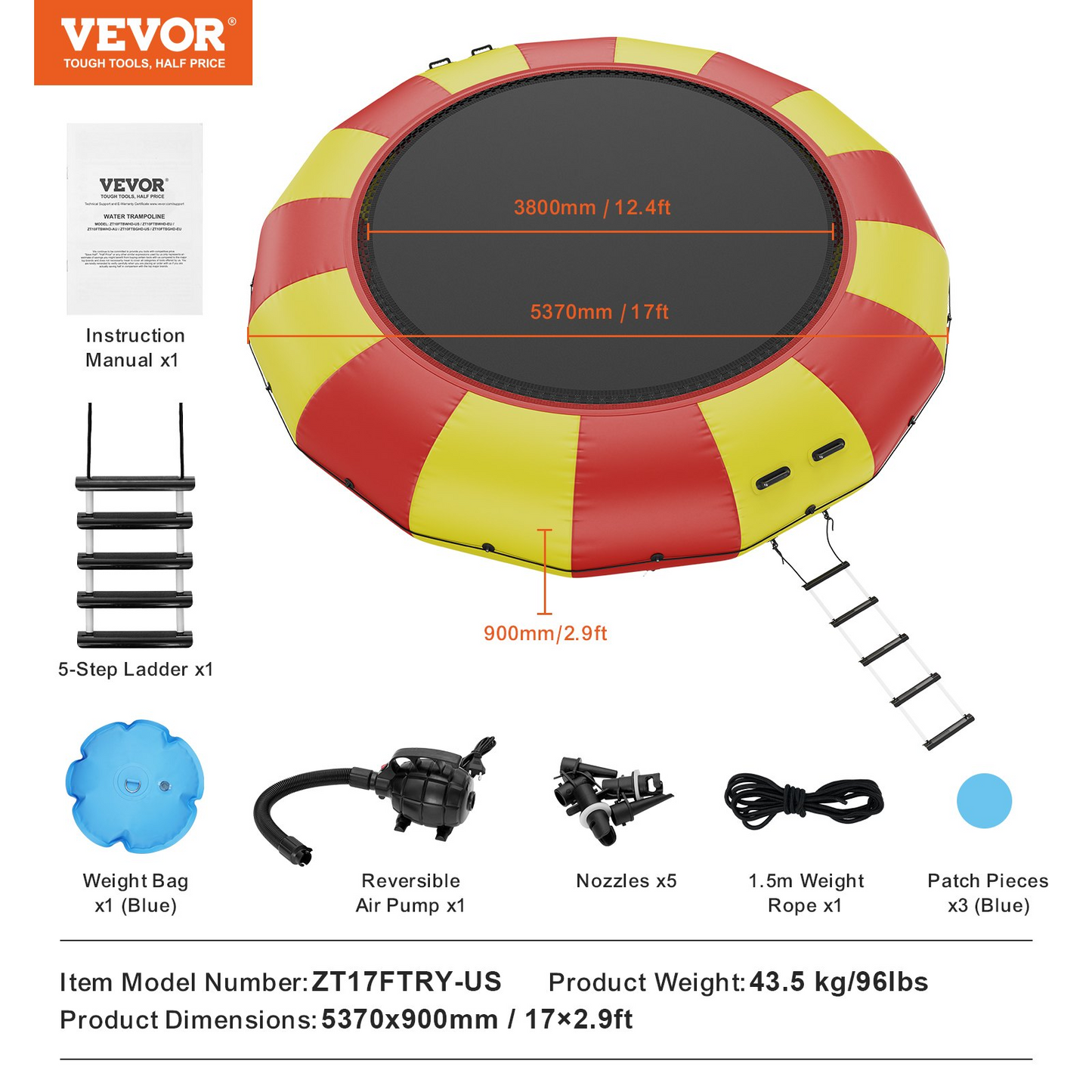 VEVOR Inflatable Water Bouncer, 17ft Recreational Water Trampoline, Portable Bounce Swim Platform with 5-Step Ladder & Electric Air Pump, Kids Adults Floating Rebounder for Pool, Lake, Water Sports