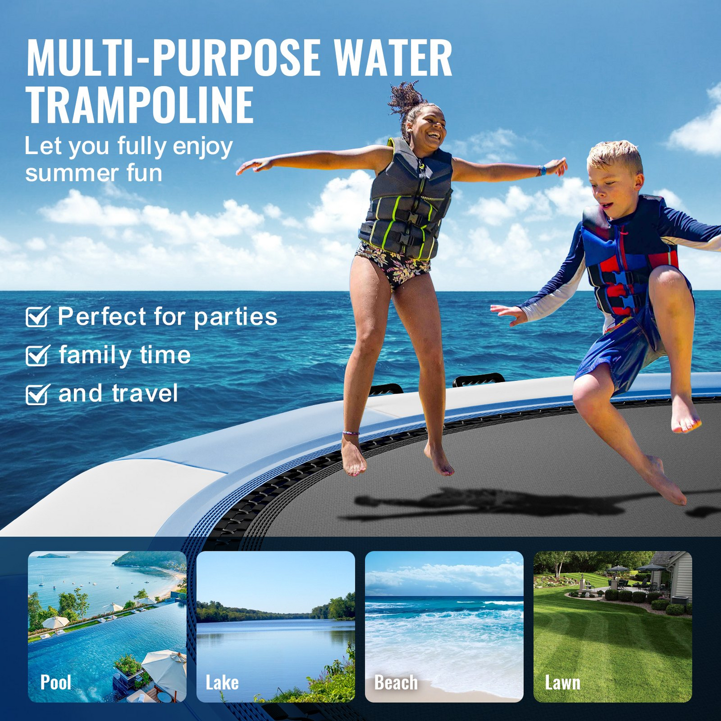 VEVOR Inflatable Water Bouncer, 15ft Recreational Water Trampoline, Portable Bounce Swim Platform with 3-Step Ladder & Electric Air Pump, Kids Adults Floating Rebounder for Pool, Lake, Water Sports