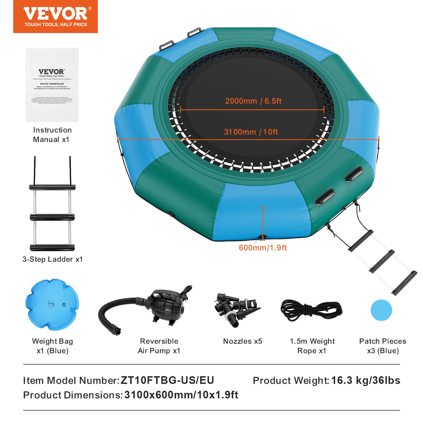 VEVOR Inflatable Water Bouncer, 10ft Recreational Water Trampoline, Portable Bounce Swim Platform with 3-Step Ladder & Electric Air Pump, Kids Adults Floating Rebounder for Pool, Lake, Water Sports