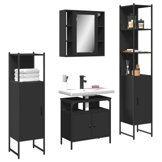 4 Piece Bathroom Cabinet Set Black Engineered Wood