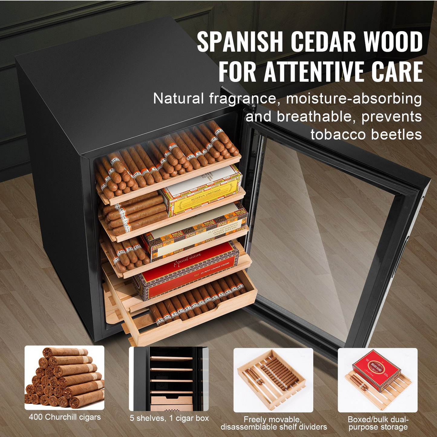 Electric Cigar Humidor, 400 Count Cigar Humidor Cabinet with Cooling, Heating & Humidity Control, 5 Layer Spanish Cedar Wood & Double Mirror Glass Cigar Humidor, Gift for Men