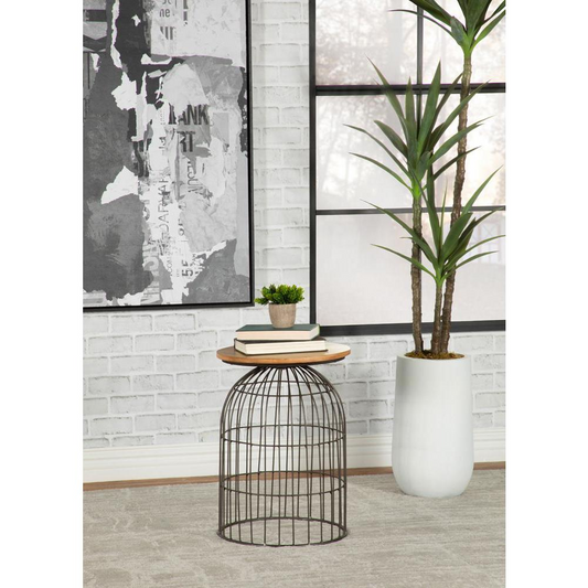 Bernardo Round Accent Table with Bird Cage Base Natural and Gunmetal