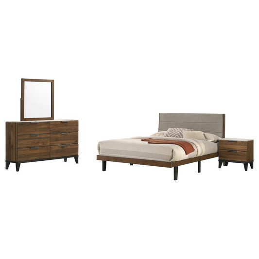 Mays 4-piece Upholstered Queen Bedroom Set Walnut Brown and Grey