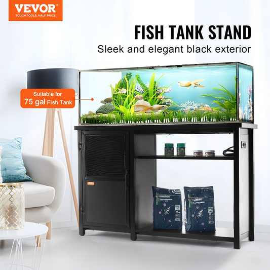 VEVOR Aquarium Stand, 75 Gallon Fish Tank Stand, 52 x 19.7 x 32.3 in Steel and MDF Turtle Tank Stand, 626 lbs Load Capacity, Reptile Tank Stand with Storage Cabinet and Embedded Power Panel, Black