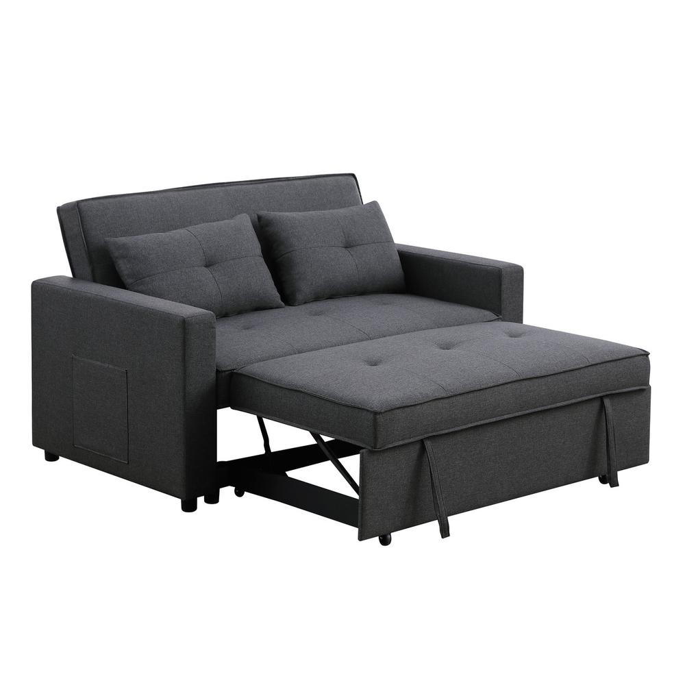 Zoey Dark Gray Linen Convertible Sleeper Loveseat with Side Pocket