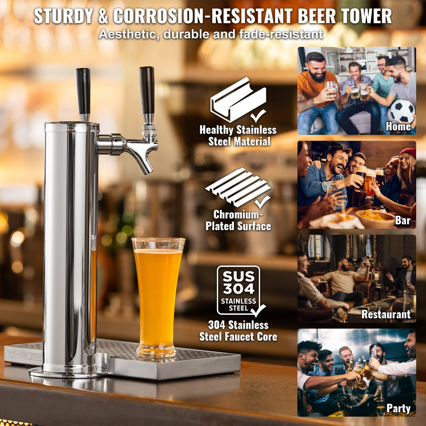 Dual Taps Draft Beer Tower Dispenser, Stainless Steel Keg Beer Tower, Kegerator Tower Kit with Pre-Assembled Tubing and Self-Closing Faucet Shanks for Party, Bar, Pub, Restaurant