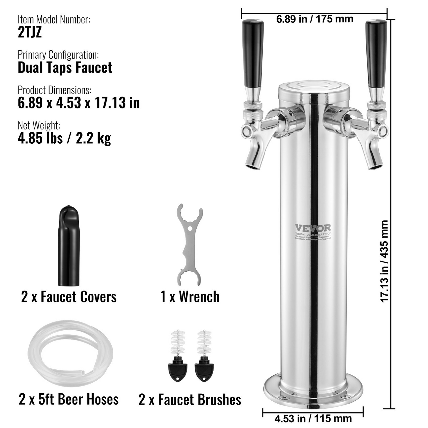 Dual Taps Draft Beer Tower Dispenser, Stainless Steel Keg Beer Tower, Kegerator Tower Kit with Pre-Assembled Tubing and Self-Closing Faucet Shanks for Party, Bar, Pub, Restaurant