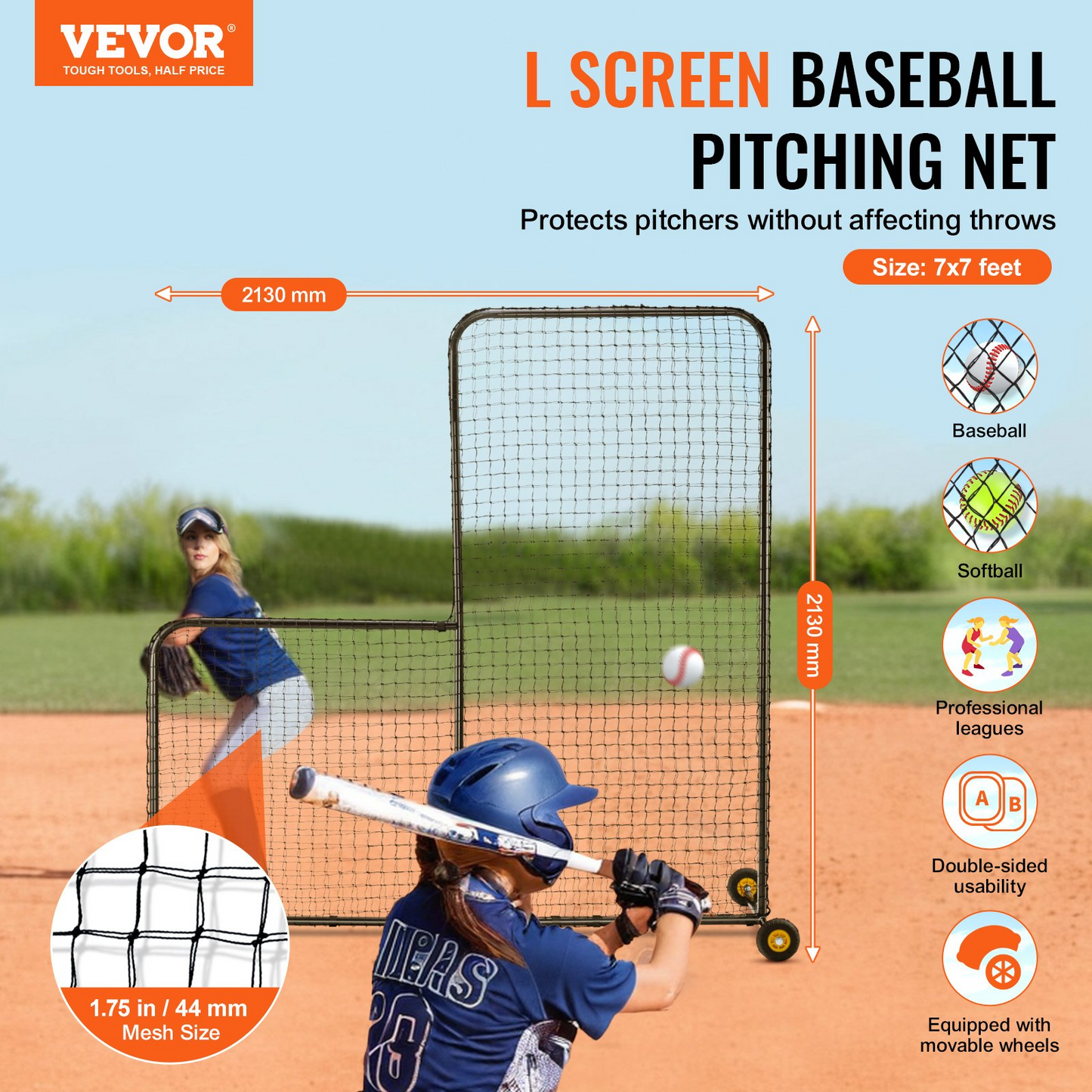 L Screen Baseball for Batting Cage, 7x7 ft Softball Safety Screen, Body Protector Portable Batting Screen with Carry Bag, Wheels, Ground Stakes, Heavy Duty Pitching Net for Pitchers Protection