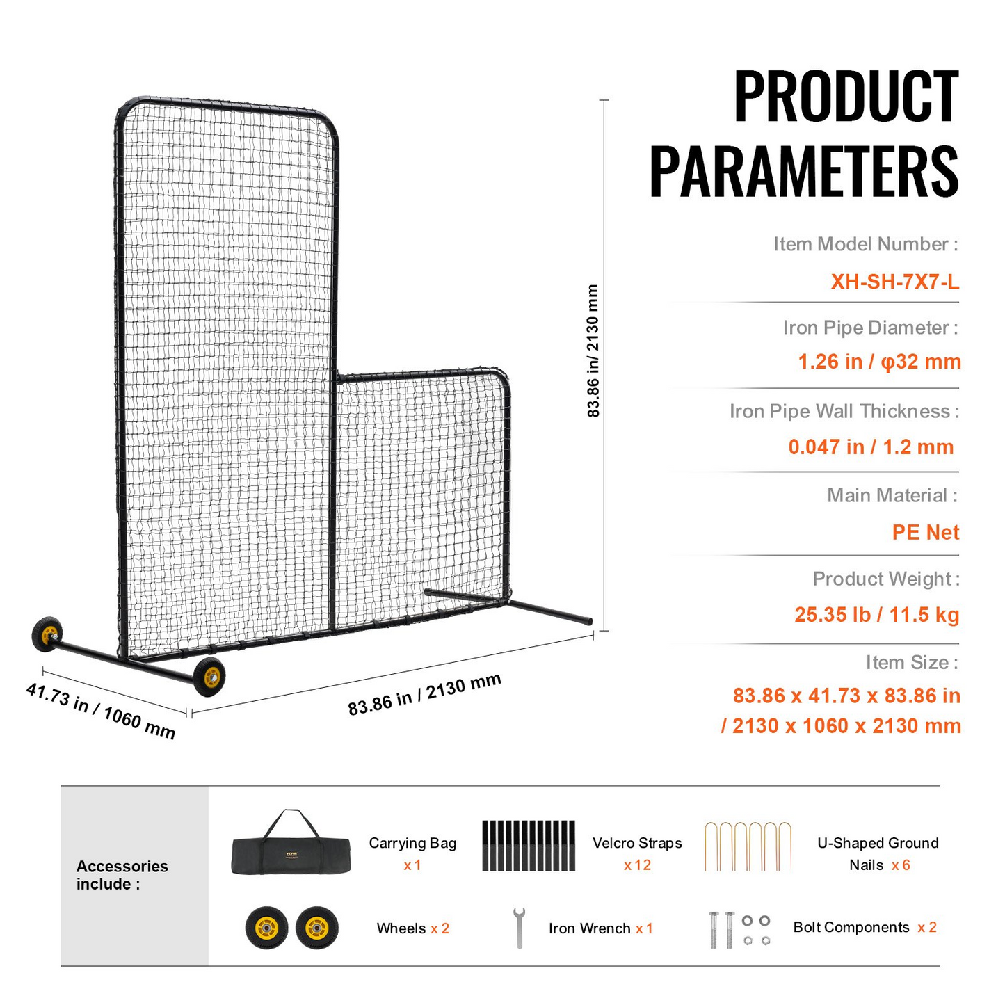 L Screen Baseball for Batting Cage, 7x7 ft Softball Safety Screen, Body Protector Portable Batting Screen with Carry Bag, Wheels, Ground Stakes, Heavy Duty Pitching Net for Pitchers Protection