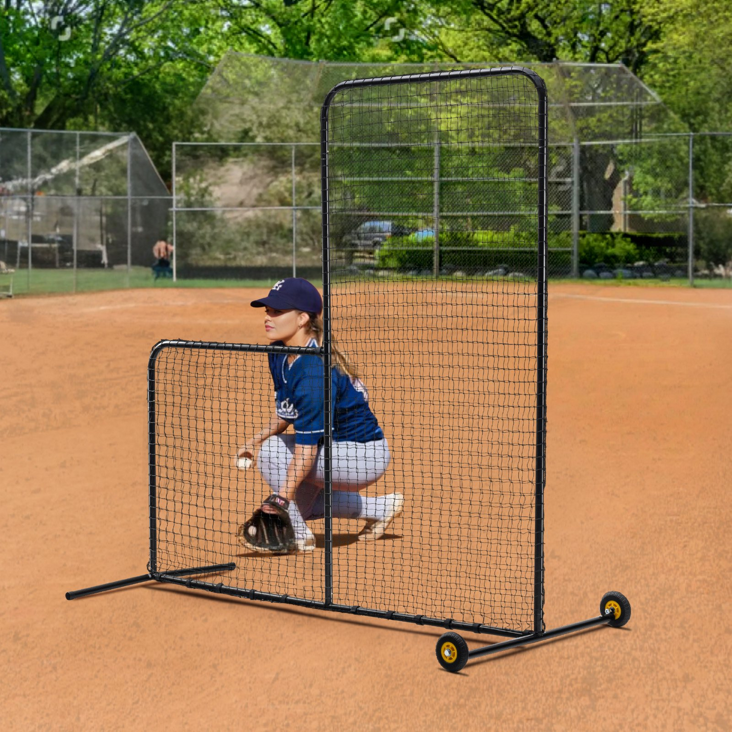 L Screen Baseball for Batting Cage, 7x7 ft Softball Safety Screen, Body Protector Portable Batting Screen with Carry Bag, Wheels, Ground Stakes, Heavy Duty Pitching Net for Pitchers Protection