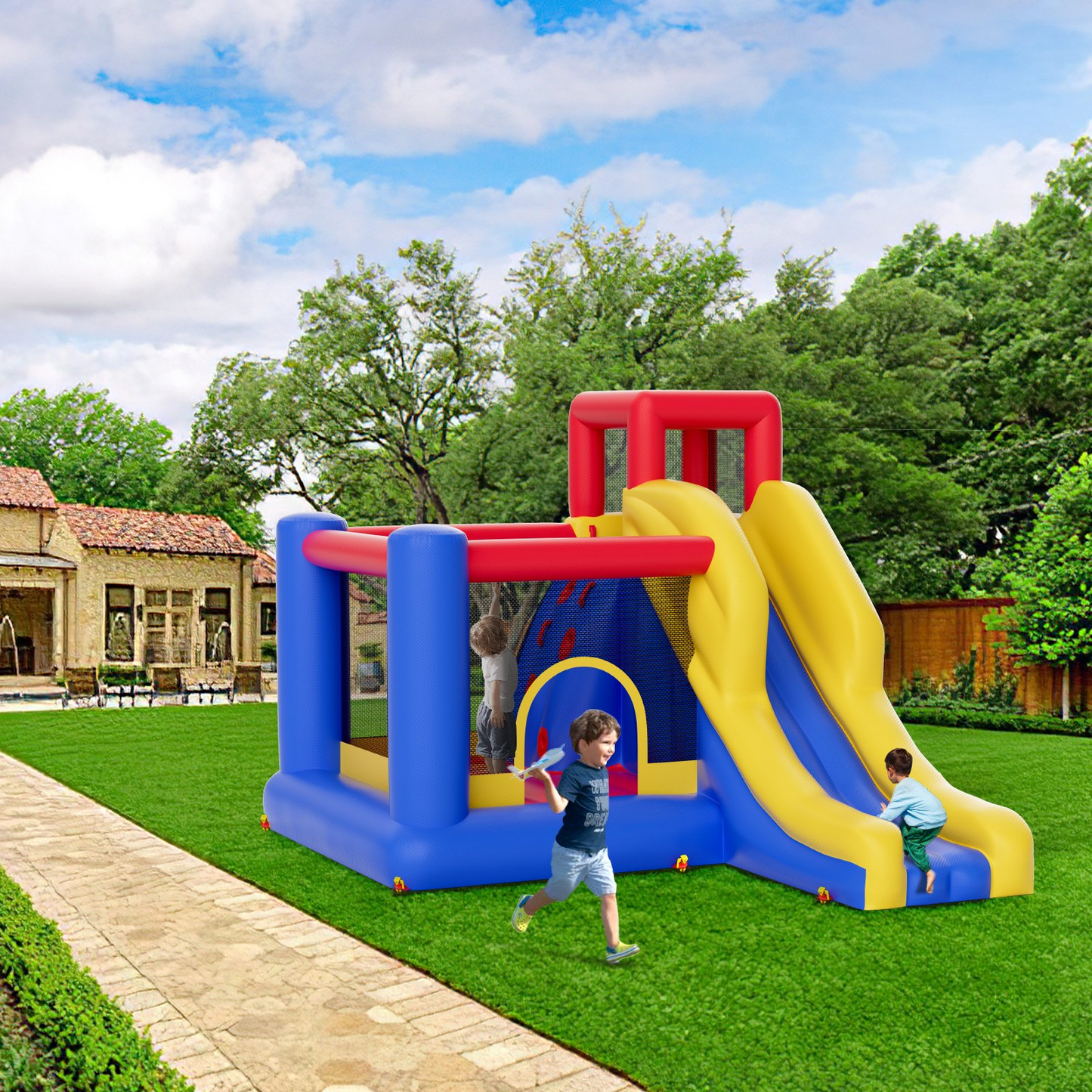 VEVOR Inflatable Bounce House, Outdoor High Quality Playhouse Trampoline, Jumping Bouncer with Blower, Slide, and Storage Bag, Family Backyard Bouncy Castle, for Kid Ages 3–8 Years, 134x102x91 inch