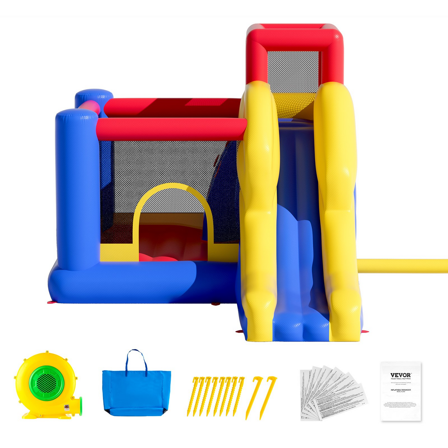 VEVOR Inflatable Bounce House, Outdoor High Quality Playhouse Trampoline, Jumping Bouncer with Blower, Slide, and Storage Bag, Family Backyard Bouncy Castle, for Kid Ages 3–8 Years, 134x102x91 inch