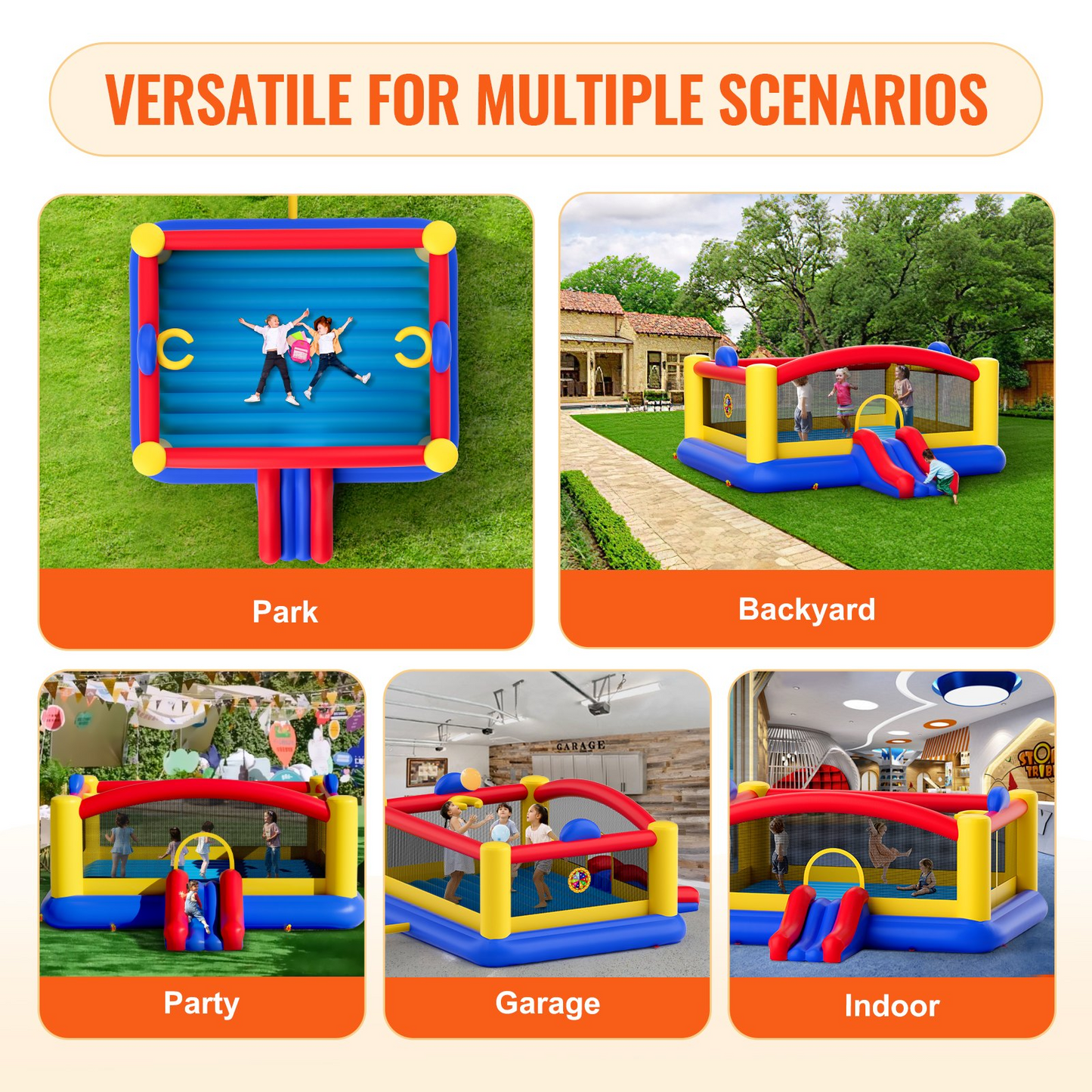 VEVOR Inflatable Bounce House, Outdoor High Quality Playhouse Trampoline, Jumping Bouncer with Blower, Slide, and Storage Bag, Family Backyard Bouncy Castle, for Kid Ages 3–10 Years, 177x173x80 inch