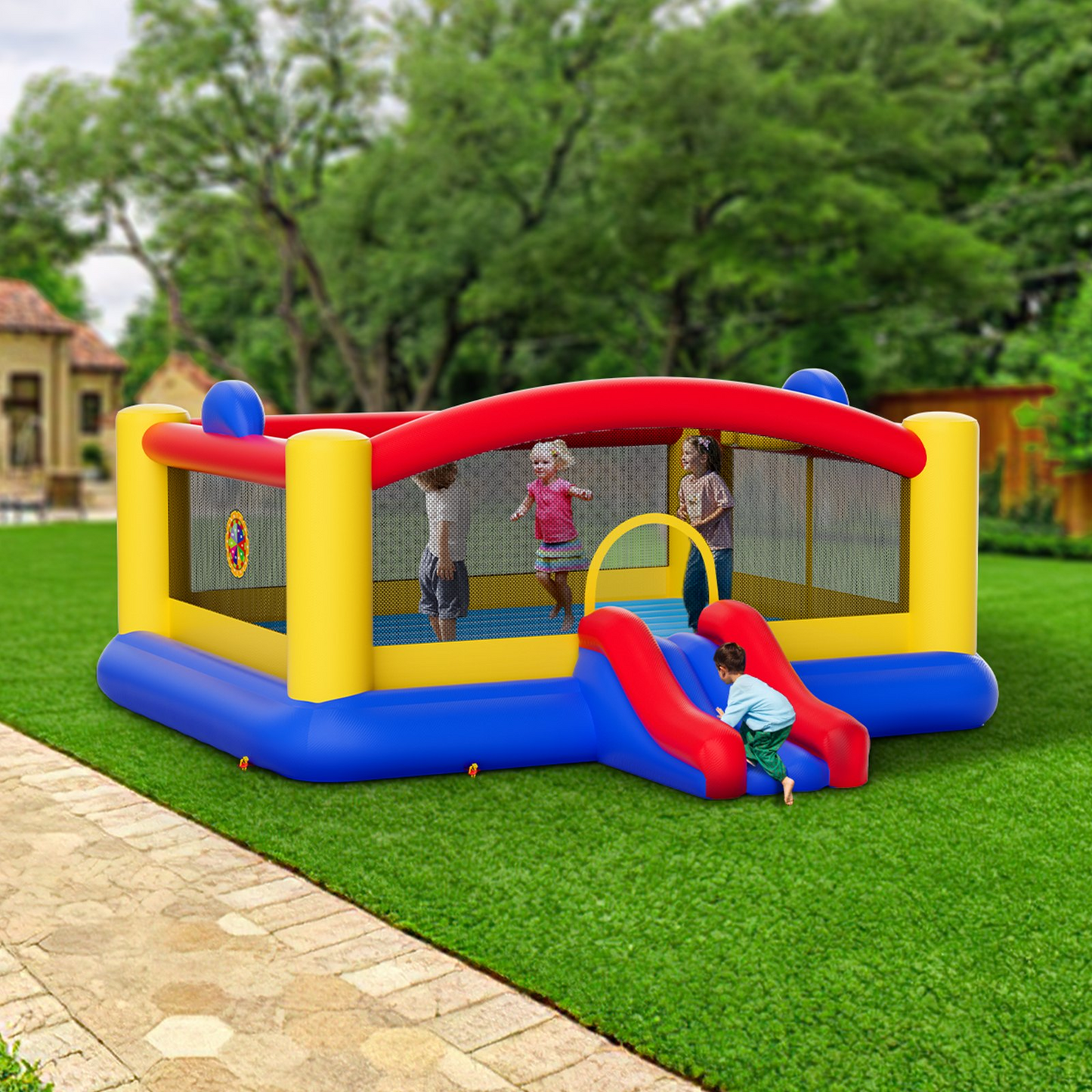 VEVOR Inflatable Bounce House, Outdoor High Quality Playhouse Trampoline, Jumping Bouncer with Blower, Slide, and Storage Bag, Family Backyard Bouncy Castle, for Kid Ages 3–10 Years, 177x173x80 inch