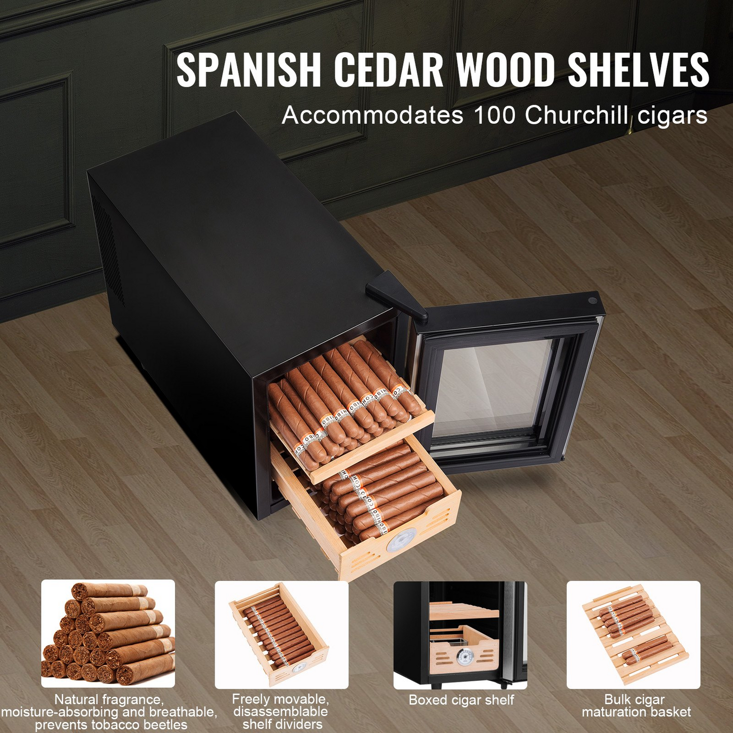 Electric Cigar Humidor, 16L Cigar Humidor Cabinet with Heating & Cooling Temp Control System, Spanish Cedar Wood & Tempered Glass & LED Light Cigar Humidor, for Up To 100 Cigars, Gift for Men