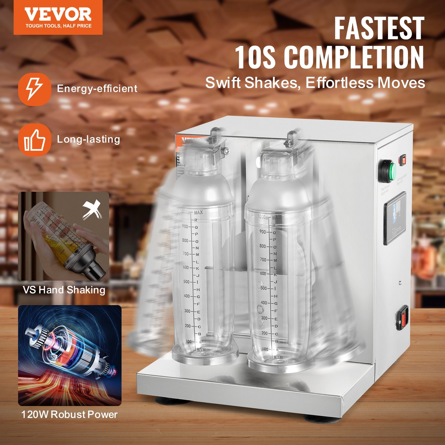 VEVOR Milkshake Maker Machine, 120W Commercial Milk Tea Shaker Machine, Double Head Milk Shake Mixer Machine, 0-180s Adjustable Milkshake Blender, with 1 L PC Cup, for Milk Tea Store