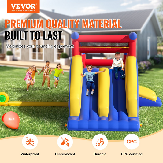 VEVOR Inflatable Bounce House, Outdoor High Quality Playhouse Trampoline, Jumping Bouncer with Blower, Slide, and Storage Bag, Family Backyard Bouncy Castle, for Kid Ages 3–8 Years, 183x102x92 inch