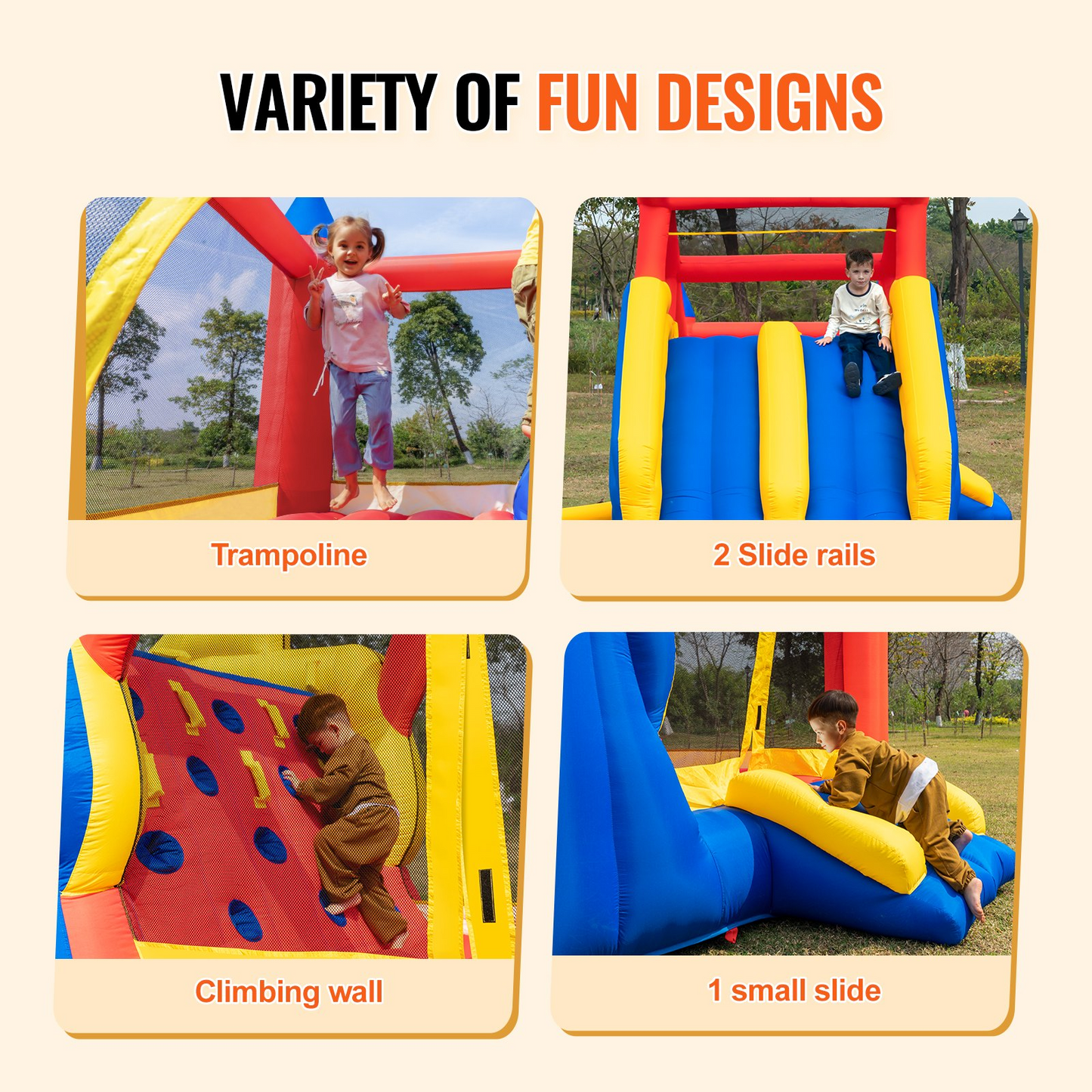 VEVOR Inflatable Bounce House, Outdoor High Quality Playhouse Trampoline, Jumping Bouncer with Blower, Slide, and Storage Bag, Family Backyard Bouncy Castle, for Kid Ages 3–8 Years, 183x102x92 inch