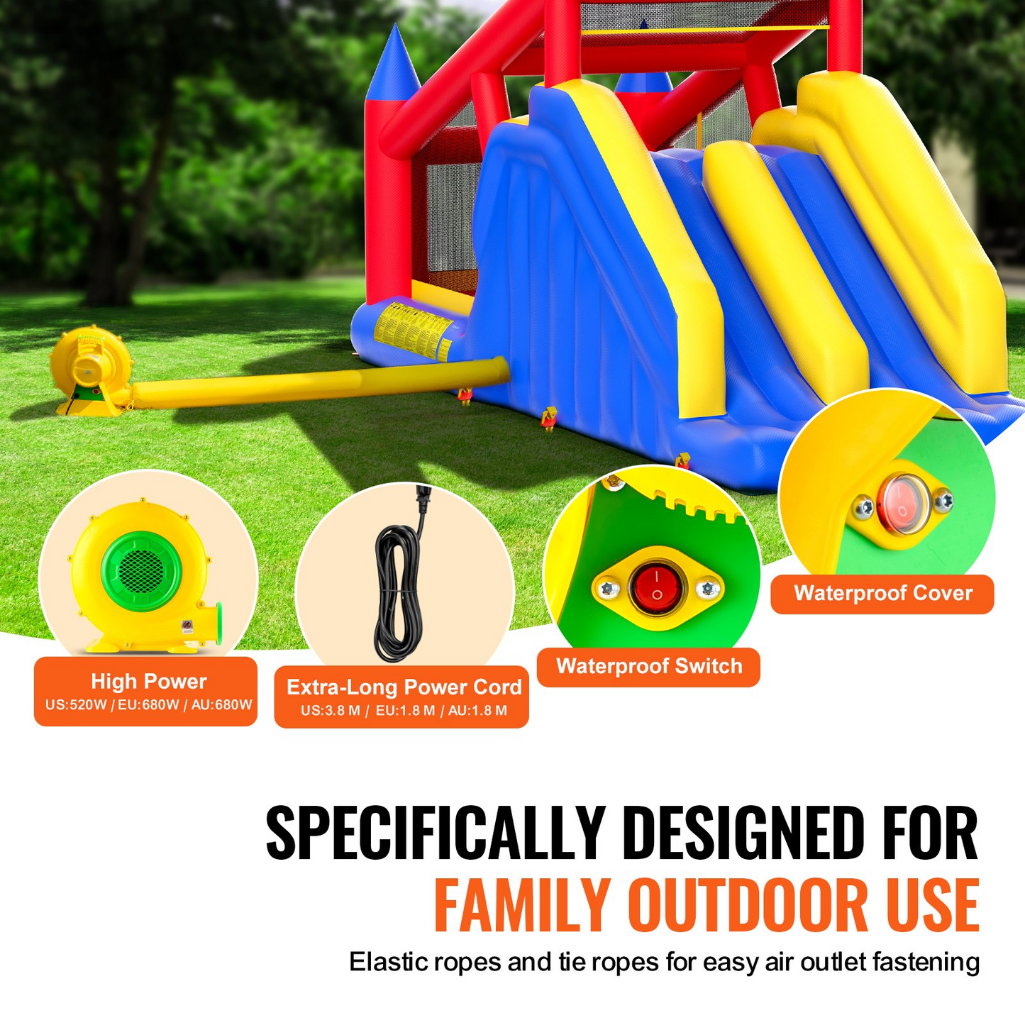 VEVOR Inflatable Bounce House, Outdoor High Quality Playhouse Trampoline, Jumping Bouncer with Blower, Slide, and Storage Bag, Family Backyard Bouncy Castle, for Kid Ages 3–8 Years, 183x102x92 inch