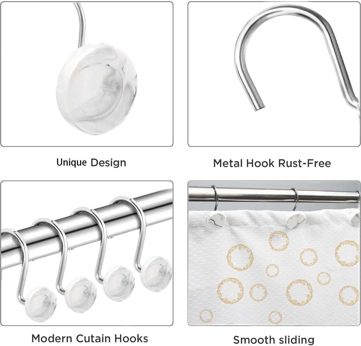 Set of 12 Rust Resistant Shower Curtain Hooks - 6 Designs!