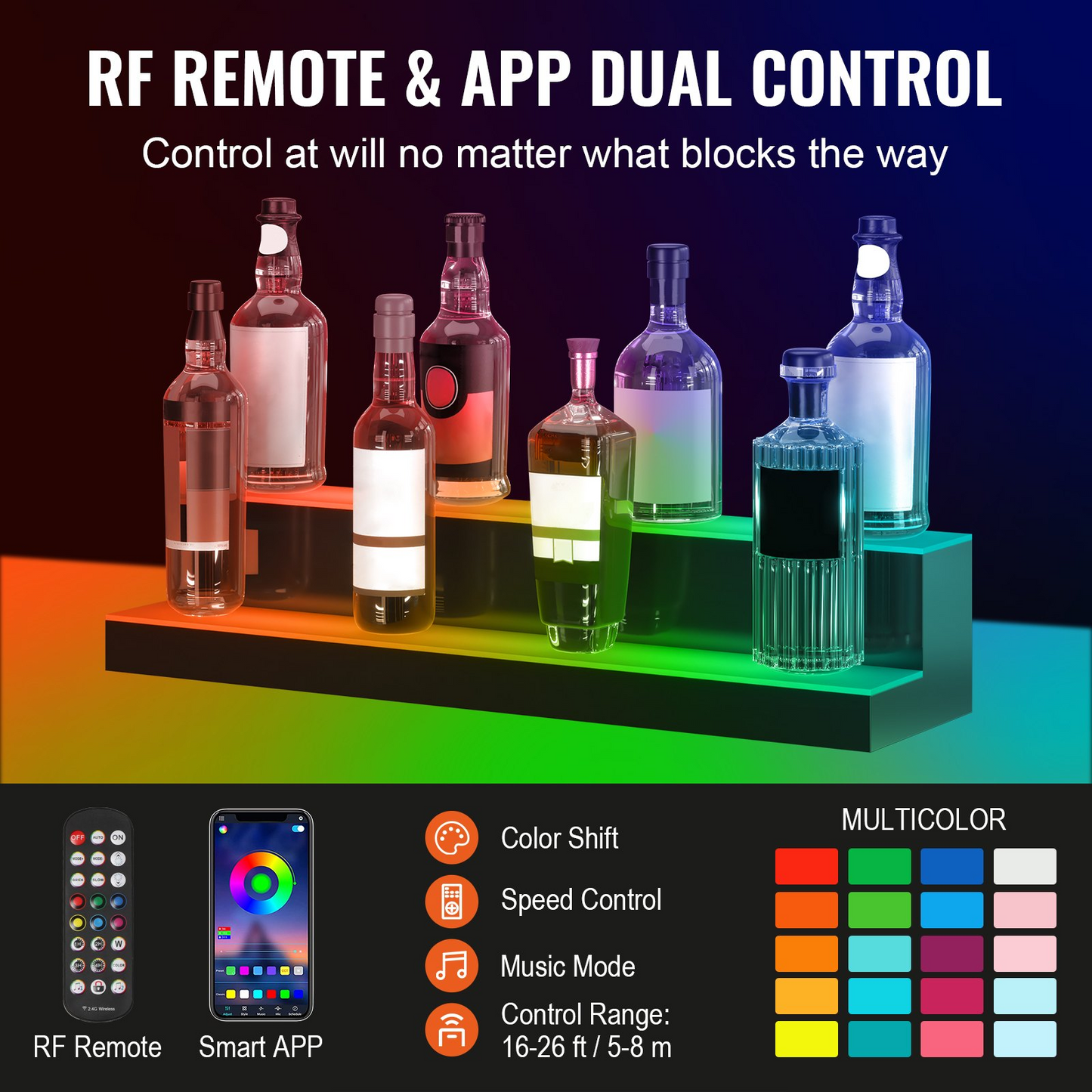 LED Lighted Liquor Bottle Display, 2 Tiers 30 Inches, Illuminated Home Bar Shelf with RF Remote & App Control 7 Static Colors 1-4 H Timing, Acrylic Drinks Lighting Shelf for Holding 16 Bottles