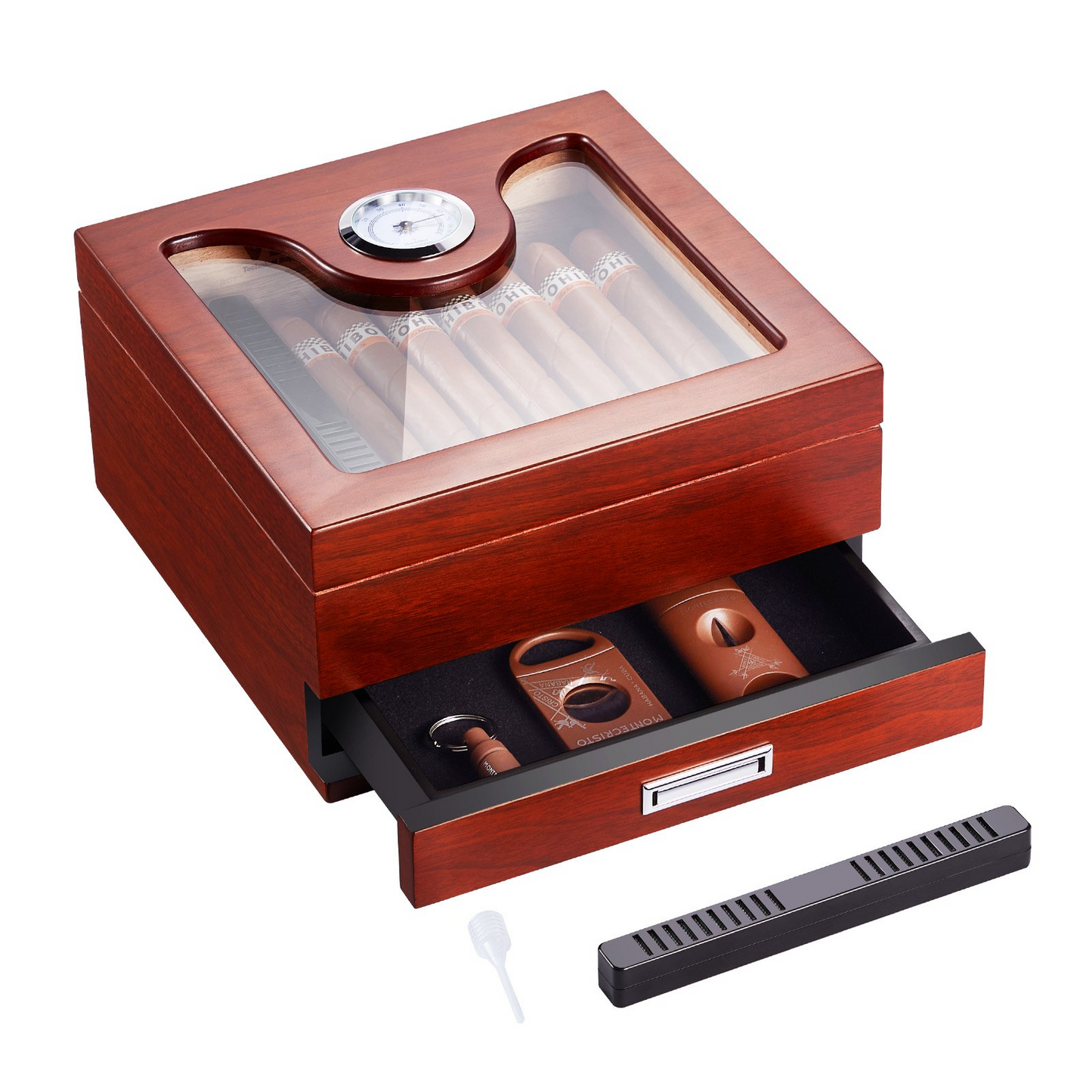 35 Cigar Humidor Glasstop Cedar Cigar Box Humidifier & Hygrometer & Drawer