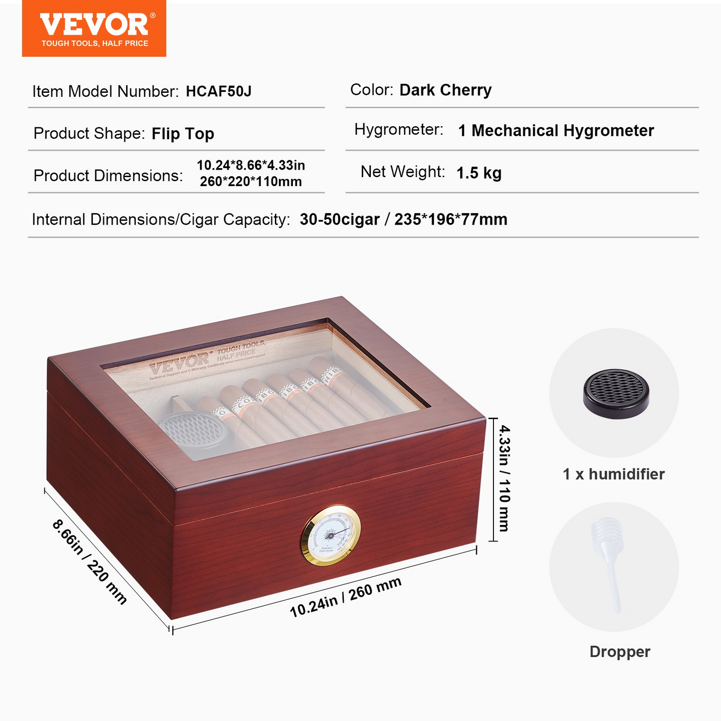 VEVOR 50 Cigars Humidor Glasstop Cedar Cigar Storage Box Humidifier Hygrometer