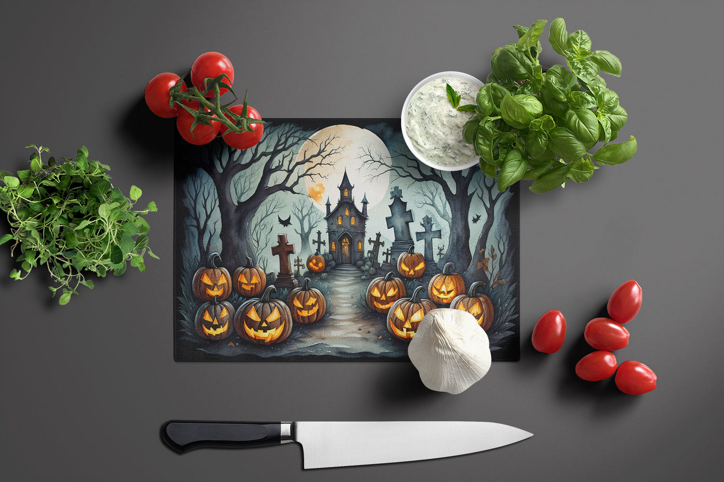 Graveyard Spooky Halloween Glass Cutting Board