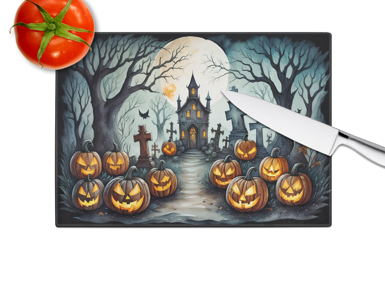 Graveyard Spooky Halloween Glass Cutting Board