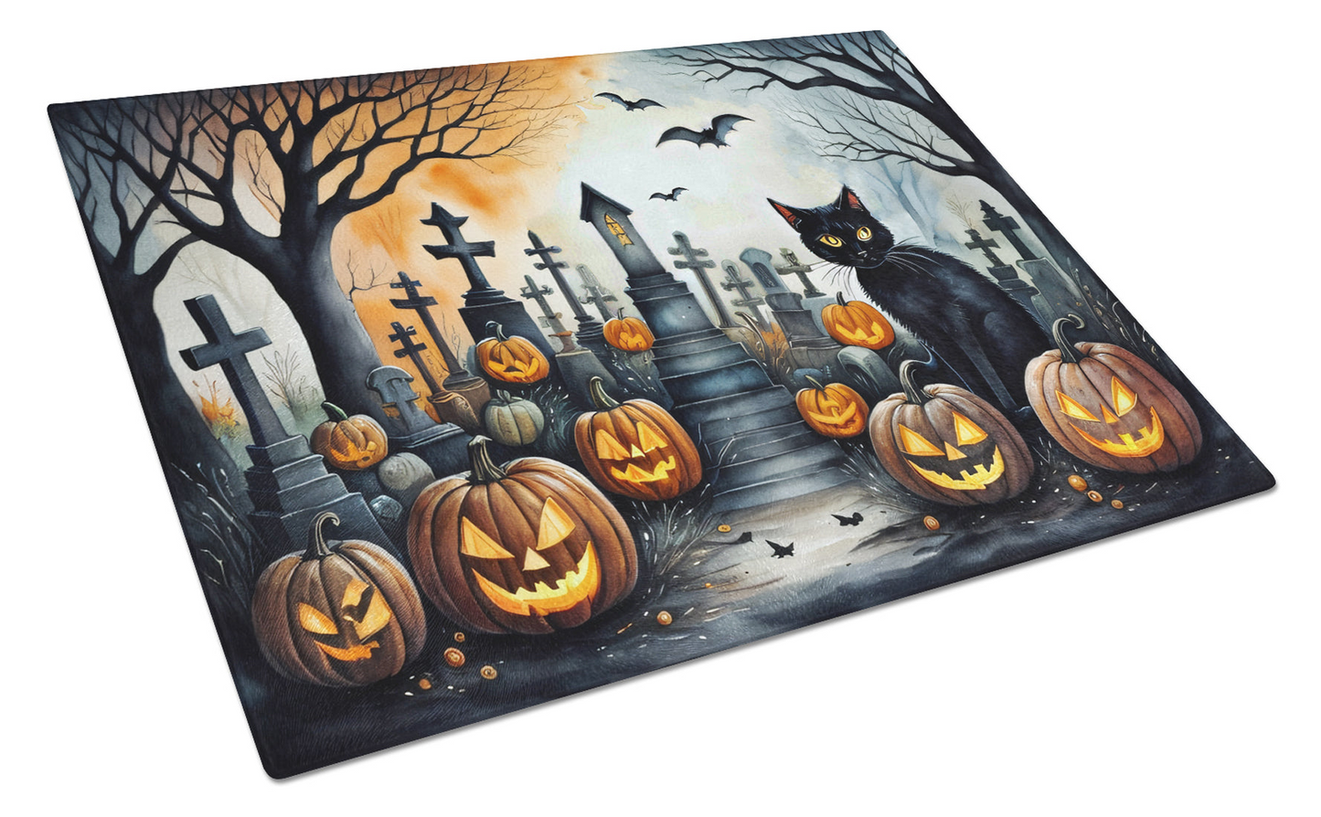 Black Cat Spooky Halloween Glass Cutting Board