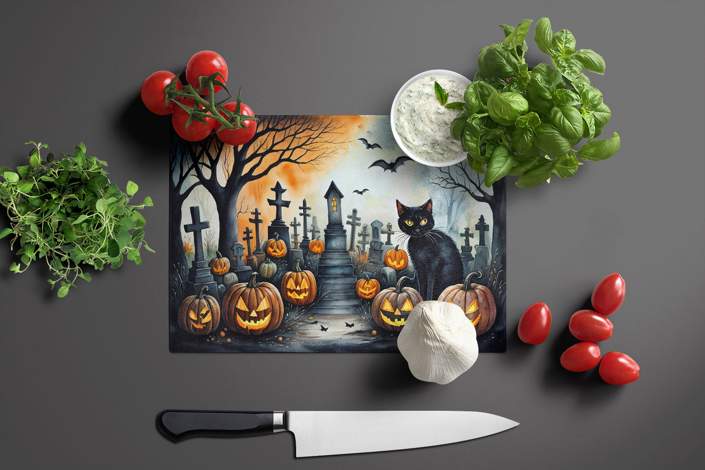 Black Cat Spooky Halloween Glass Cutting Board