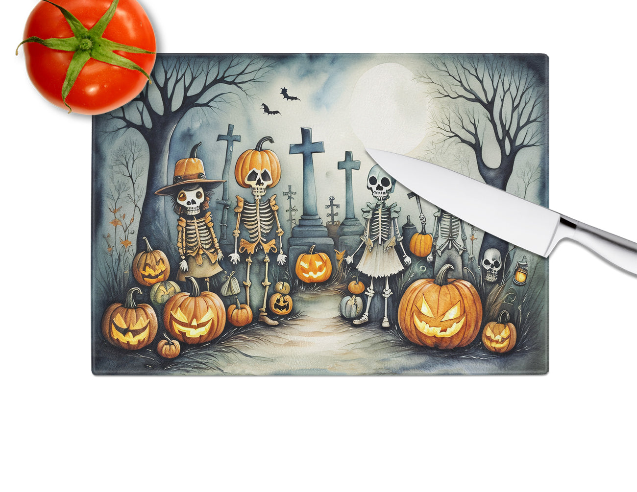 Calacas Skeletons Spooky Halloween Glass Cutting Board