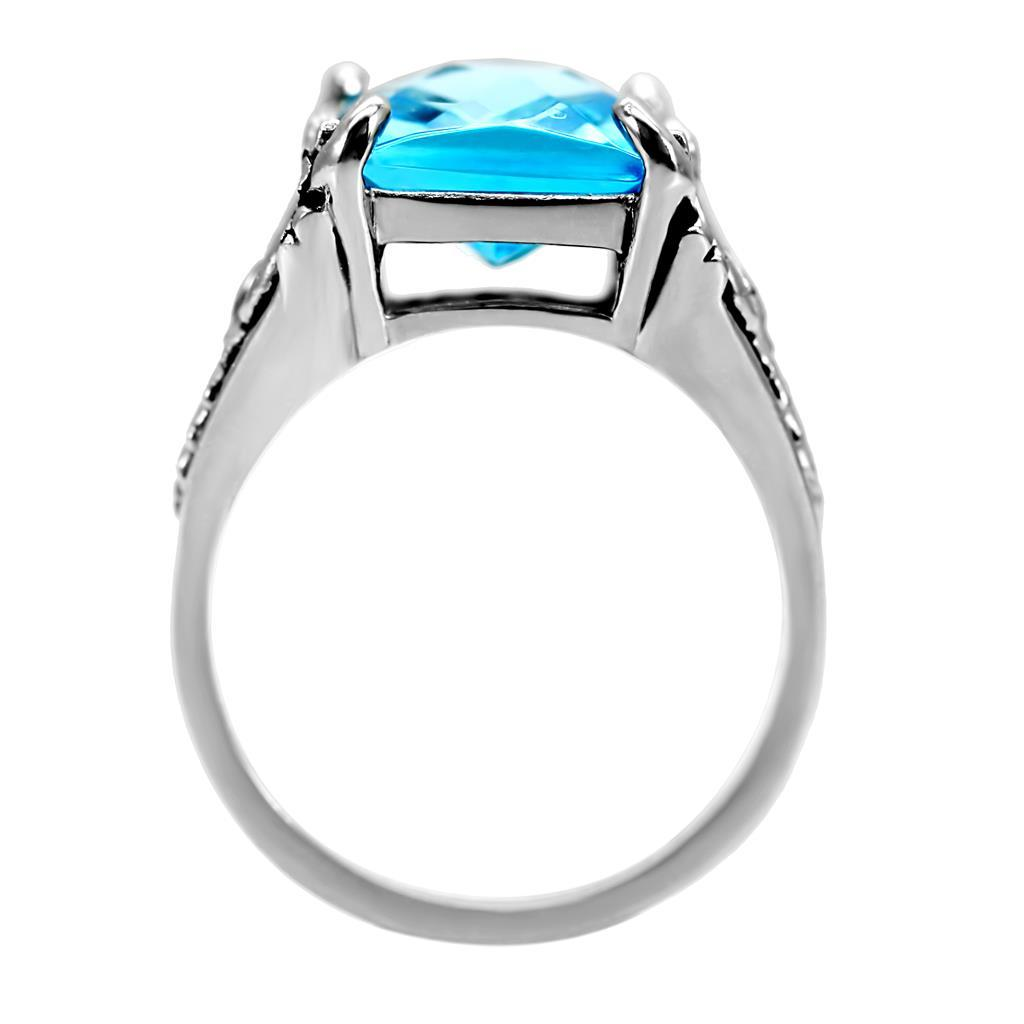 TK021 - High polished (no plating) Stainless Steel Ring with Synthetic Synthetic Glass in Sea Blue