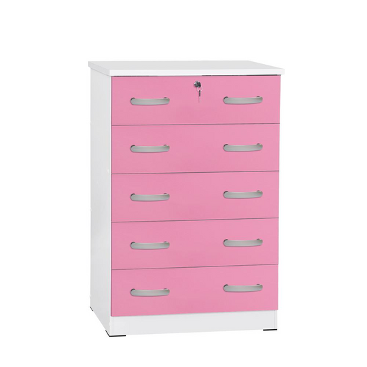 Cindy 5 Drawer Chest Wooden Dresser with Lock in Pink