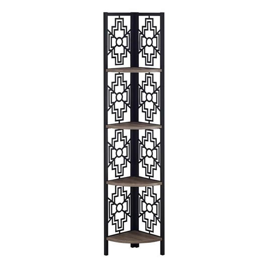 BOOKCASE - 62"H / DARK TAUPE / BLACK METAL CORNER ETAGERE