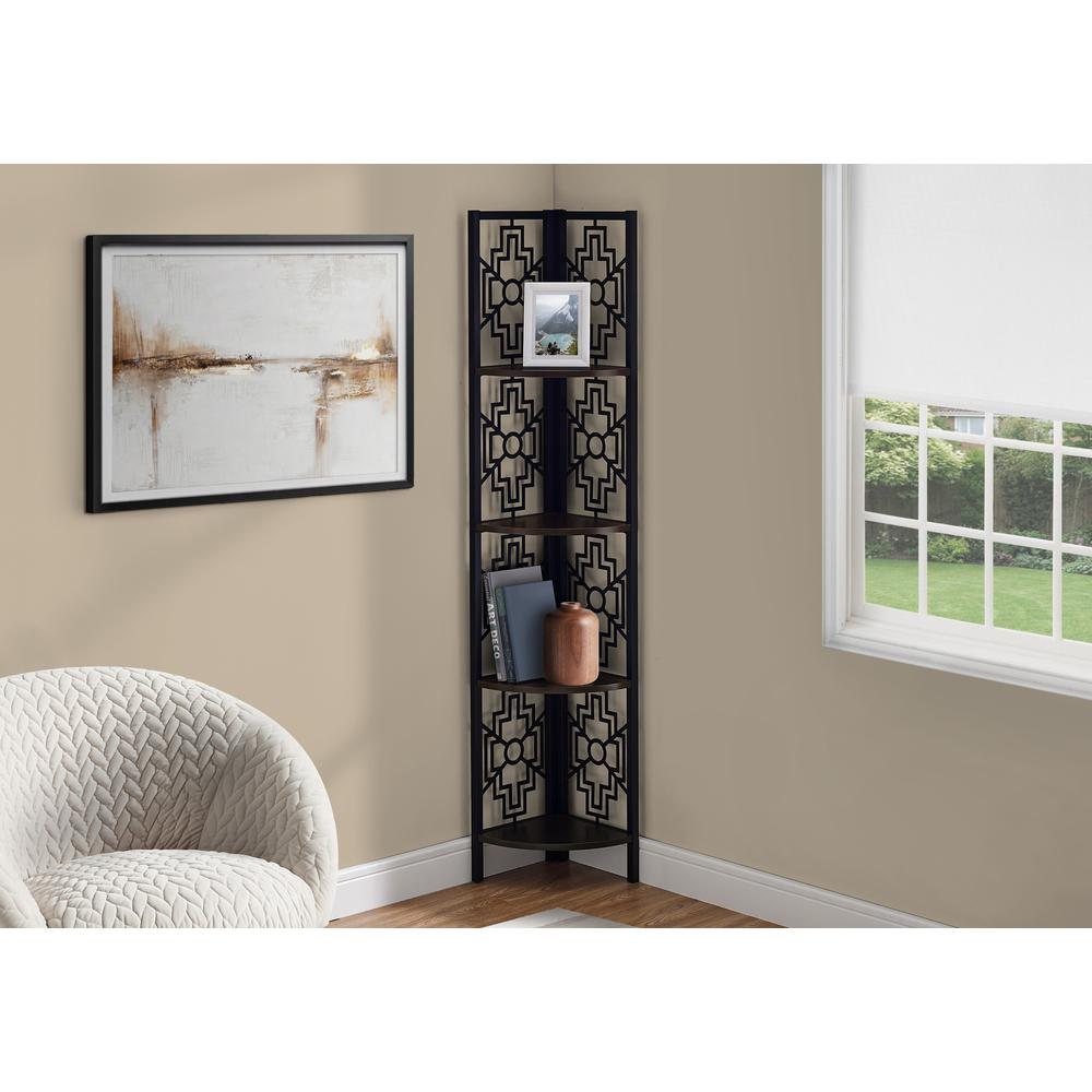 BOOKCASE - 62"H / ESPRESSO / BLACK METAL CORNER ETAGERE