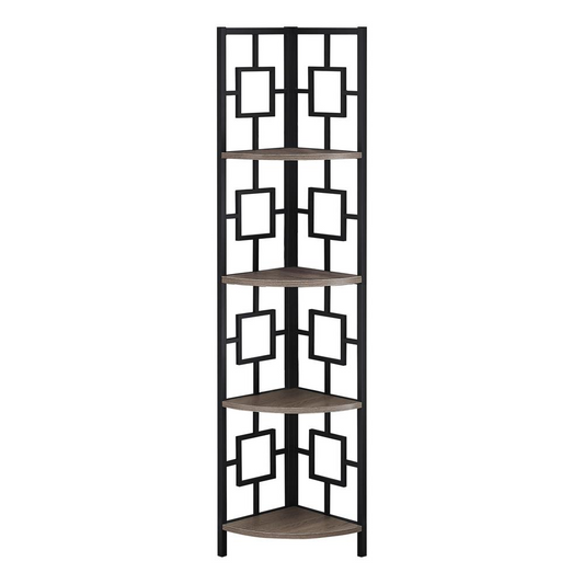 BOOKCASE - 62"H - DARK TAUPE / BLACK METAL CORNER ETAGERE